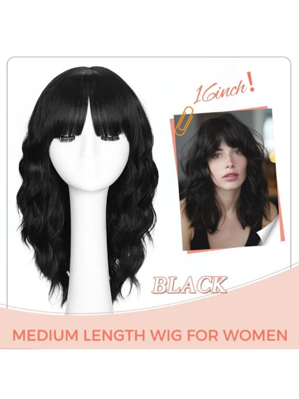 Women's Black 16 Inch Wavy Wig With Bangs Shoulder Length Synthetic Hair
